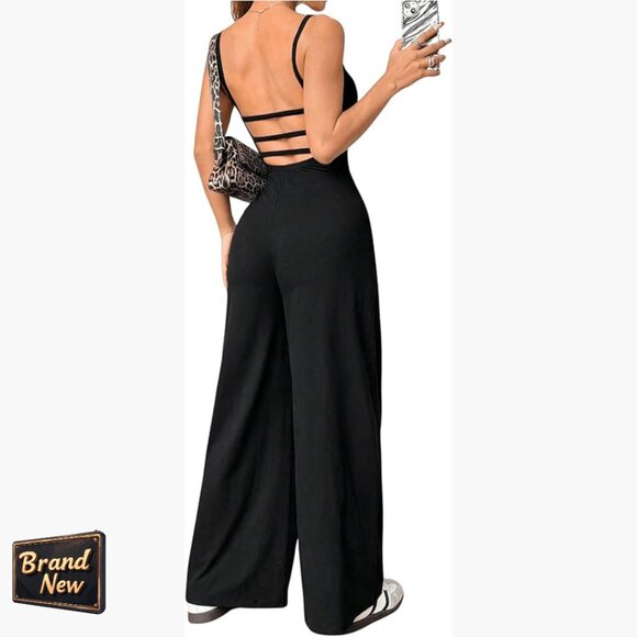 Backless Sleeveless Jumpsuit Wide Leg Romper Spaghetti Strap Overalls